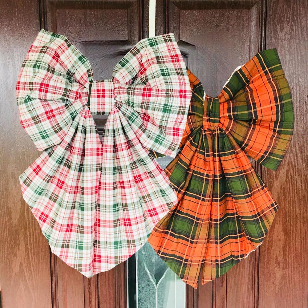 Reversible! 2 Seasons in One, Christmas and Fall Plaids, Large Quilted Door Bow